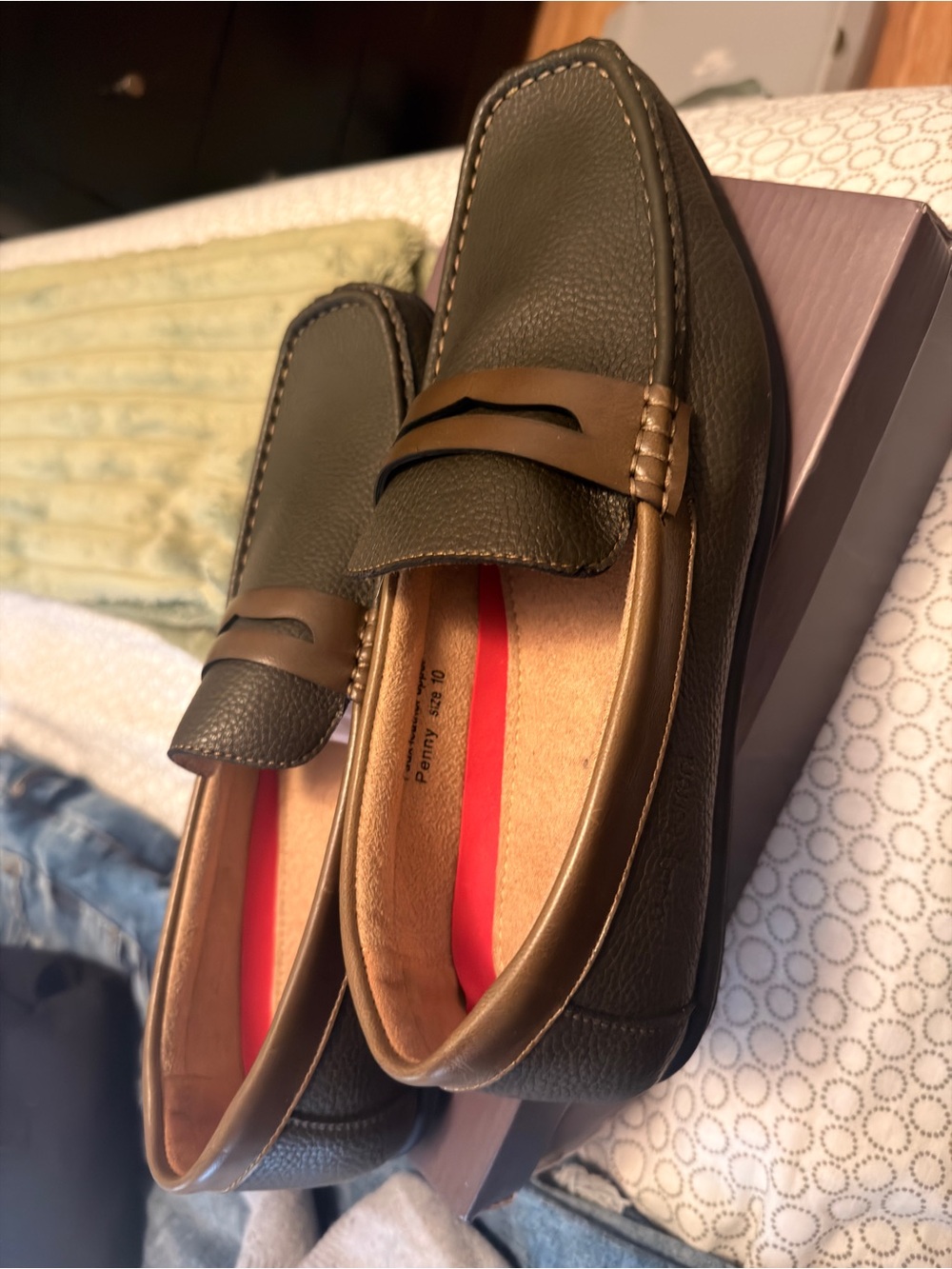 Henry Ferrera Olive Green Leather Penny Loafers